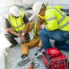 First aid support employee accident in site work, Builder accident injury hand from working, Safety team help employee accident. First aid procedure.-cm