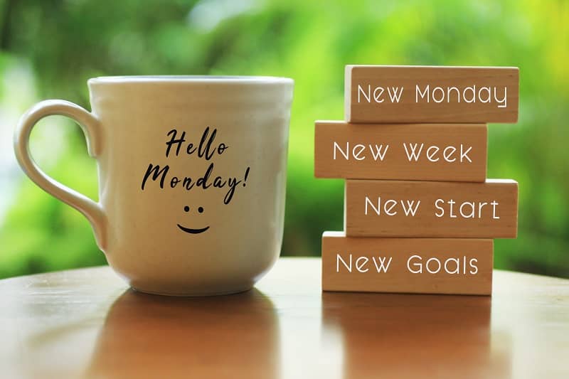 Monday concept with morning coffee cup - New Monday. New week. New start. New Goals. -cm